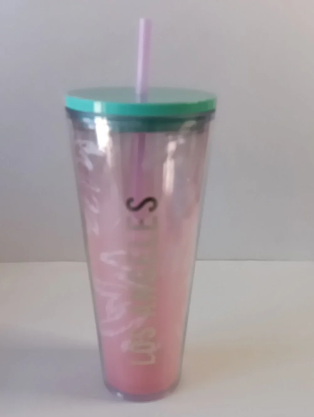 Starbucks Palm Tree Pink Los Angeles 24oz Cold Tumbler Green Lid & Pink Straw